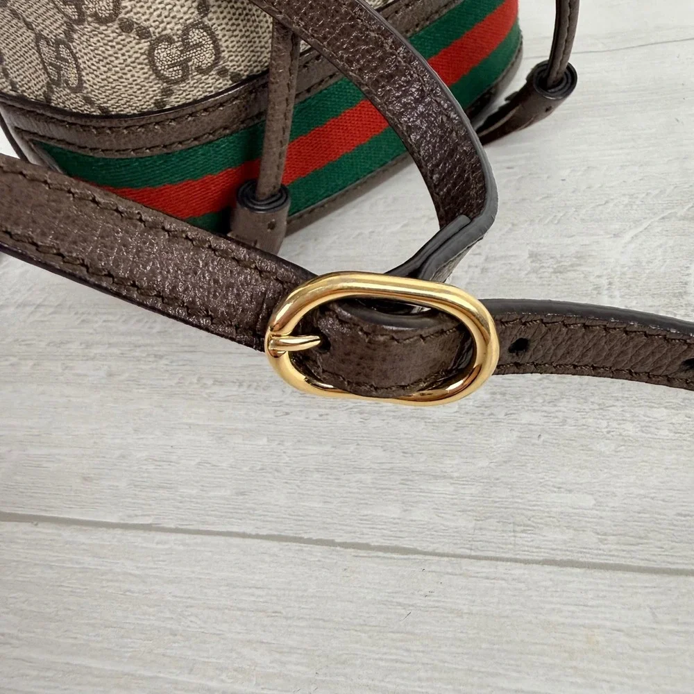 Gucci Ophidia Mini Bucket Crossbody Bag GG Supreme Web Stripe Tassel Luxury Chic